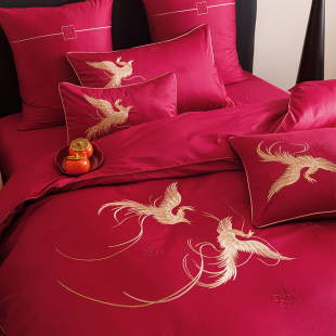 凤凰来仪新中式 婚庆四件套全棉百喜字刺绣红色结婚被套床单床笠