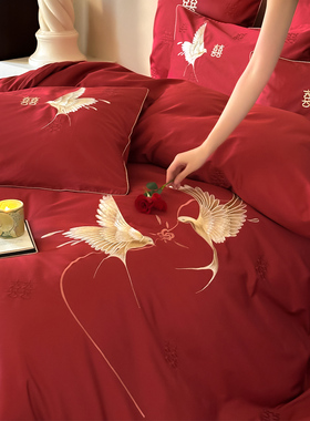 简约新中式婚庆四件套全棉喜鹊花鸟双喜刺绣红色结婚被套床单床笠