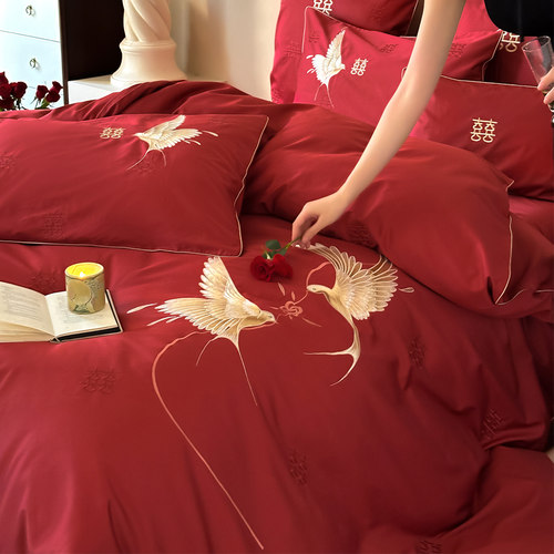 简约新中式婚庆四件套全棉喜鹊花鸟双喜刺绣红色结婚被套床单床笠