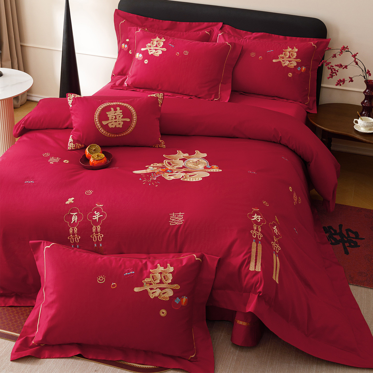 LANSWAY中式婚礼床上四件套纯棉金色双喜字刺绣结婚被套床单床笠
