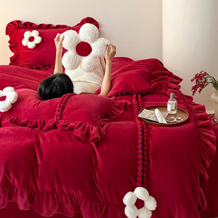 立体花朵牛奶绒新婚庆四件套冬季 保暖珊瑚绒红色花边结婚被套床单