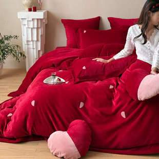 LANSWAY浪漫爱心牛奶绒婚庆四件套冬天保暖红色结婚被套床单床盖
