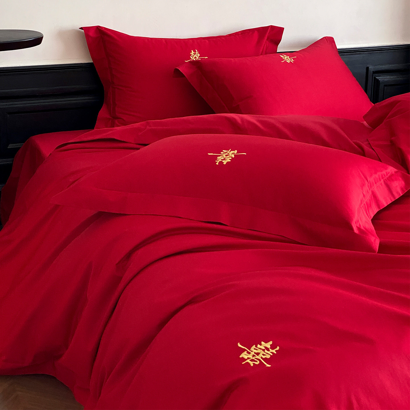 LANSWAY轻奢简约双喜字刺绣新婚庆四件套全棉红色结婚被套床单笠,床上用品,婚庆床品套件,淘宝优惠券,粉丝福利购,淘宝优惠卷