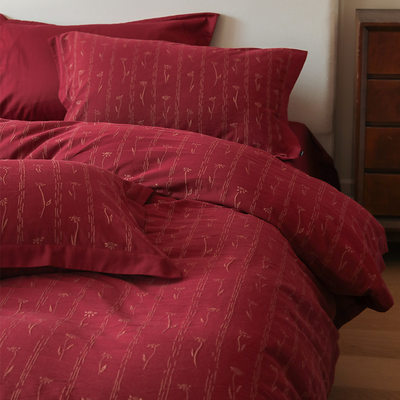 抬头见喜60支色织提花婚庆四件套全棉金丝文理酒红色结婚被套床单