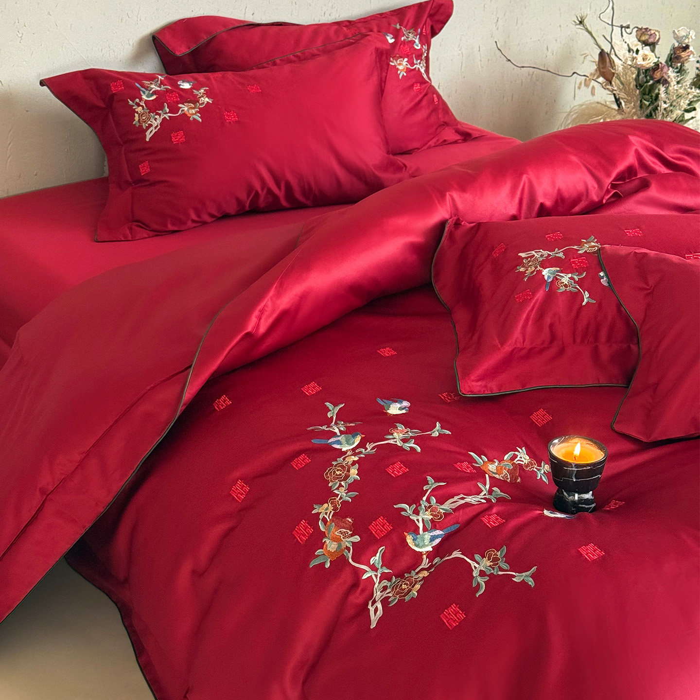 LANSWAY中式喜鹊刺绣婚庆四件套全棉红色喜字陪嫁被套2米结婚床单