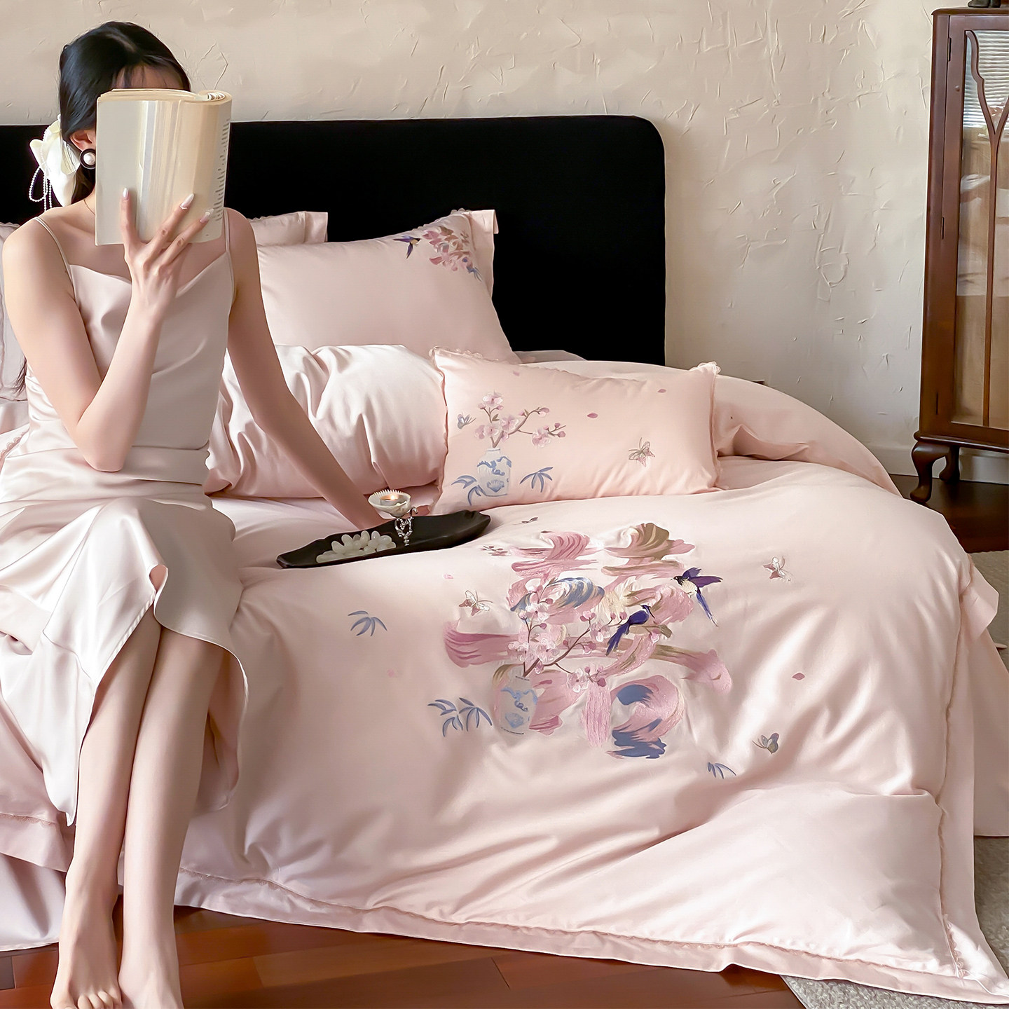 LANSWAY新中式国风花鸟刺绣长绒棉四件套粉色轻奢婚庆纯棉1.8床品