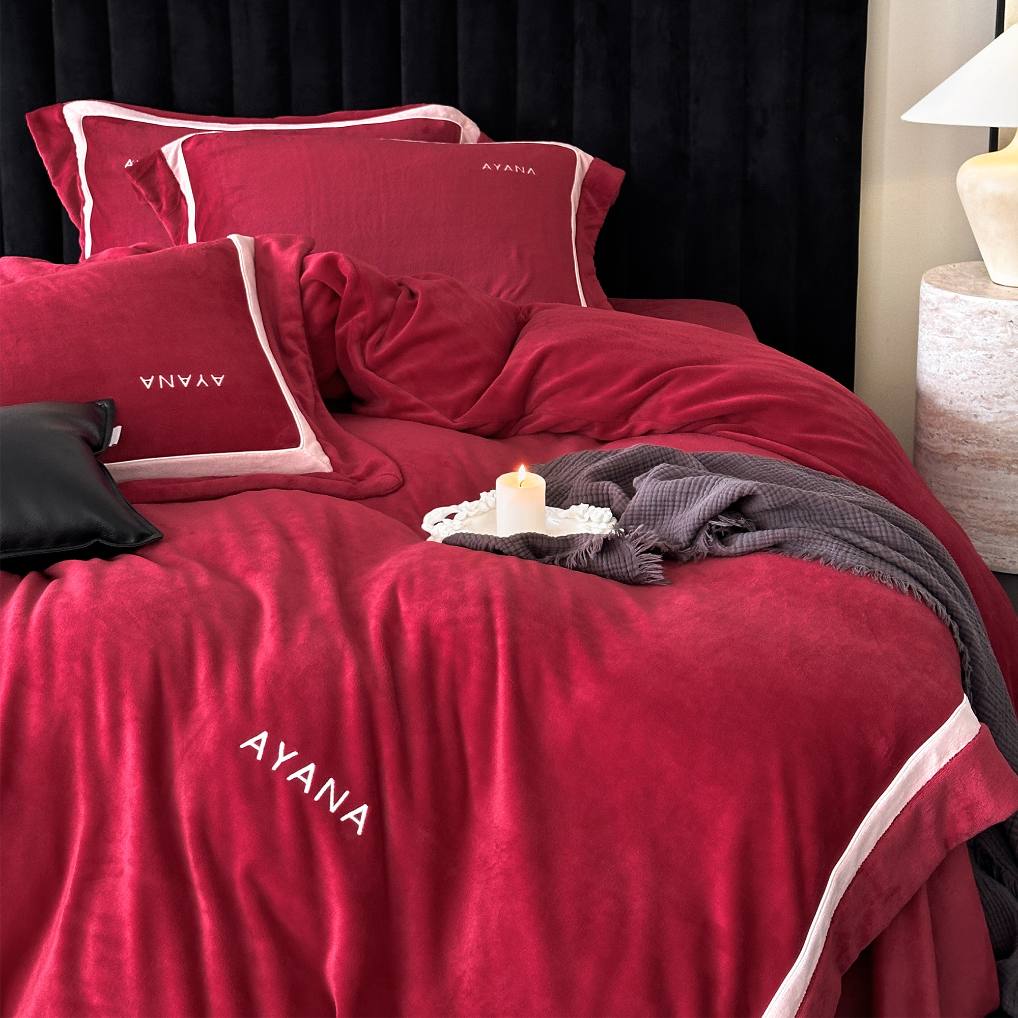 LANSWAY现代简约酒红牛奶绒四件套冬天加厚保暖婚庆被套床单床品