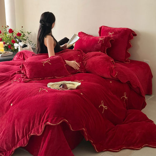 小清新蝴蝶结绣花冬季牛奶绒婚庆四件套法兰绒红色结婚被套床单