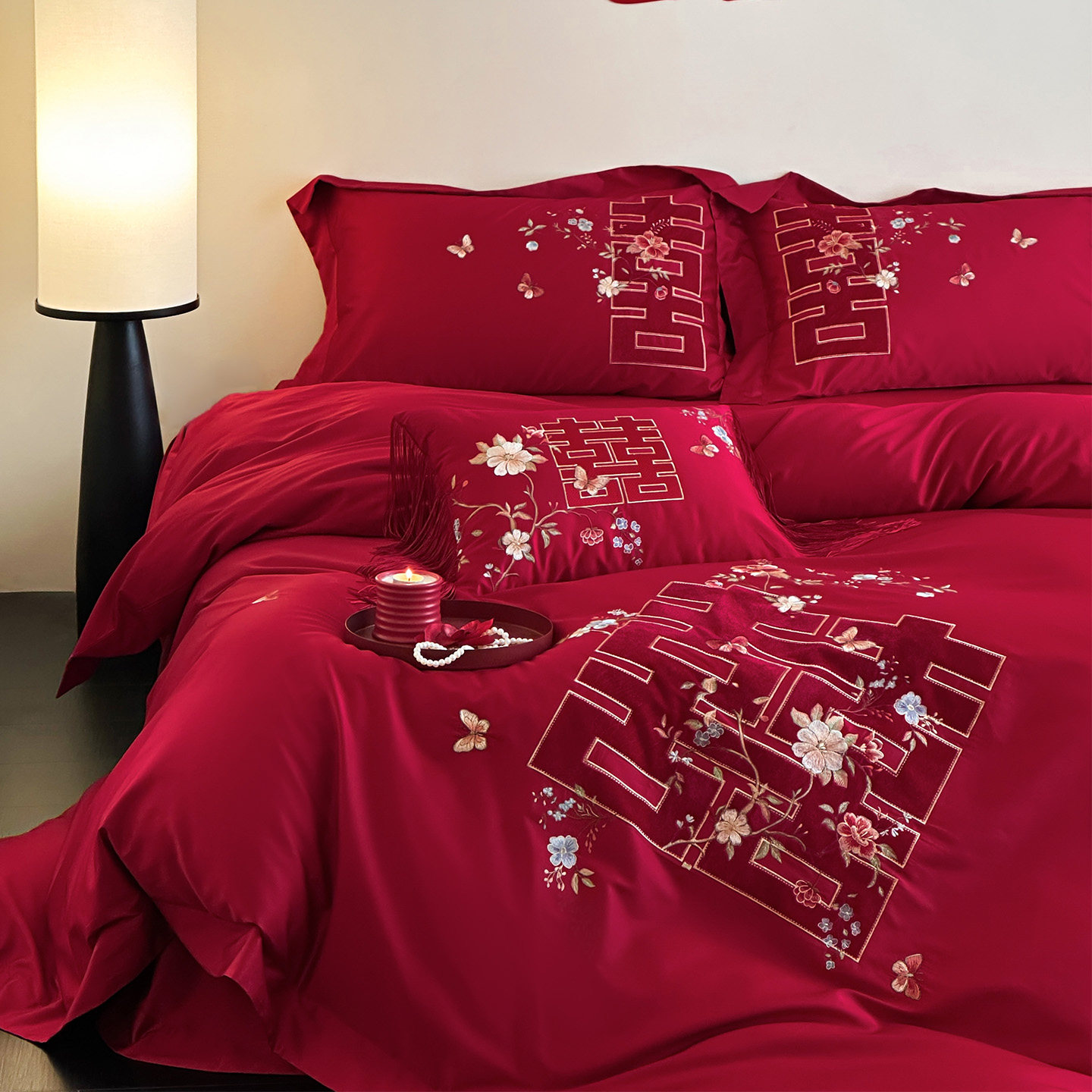 LANSWAY新中式大双喜婚庆四件套全棉红色绣花结婚被套床单1.8床笠,床上用品,婚庆床品套件,淘宝优惠券,粉丝福利购,淘宝优惠卷