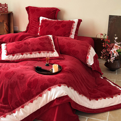 雕花爱心牛奶绒婚庆四件套加厚冬季宝宝绒红色结婚被套床单床笠