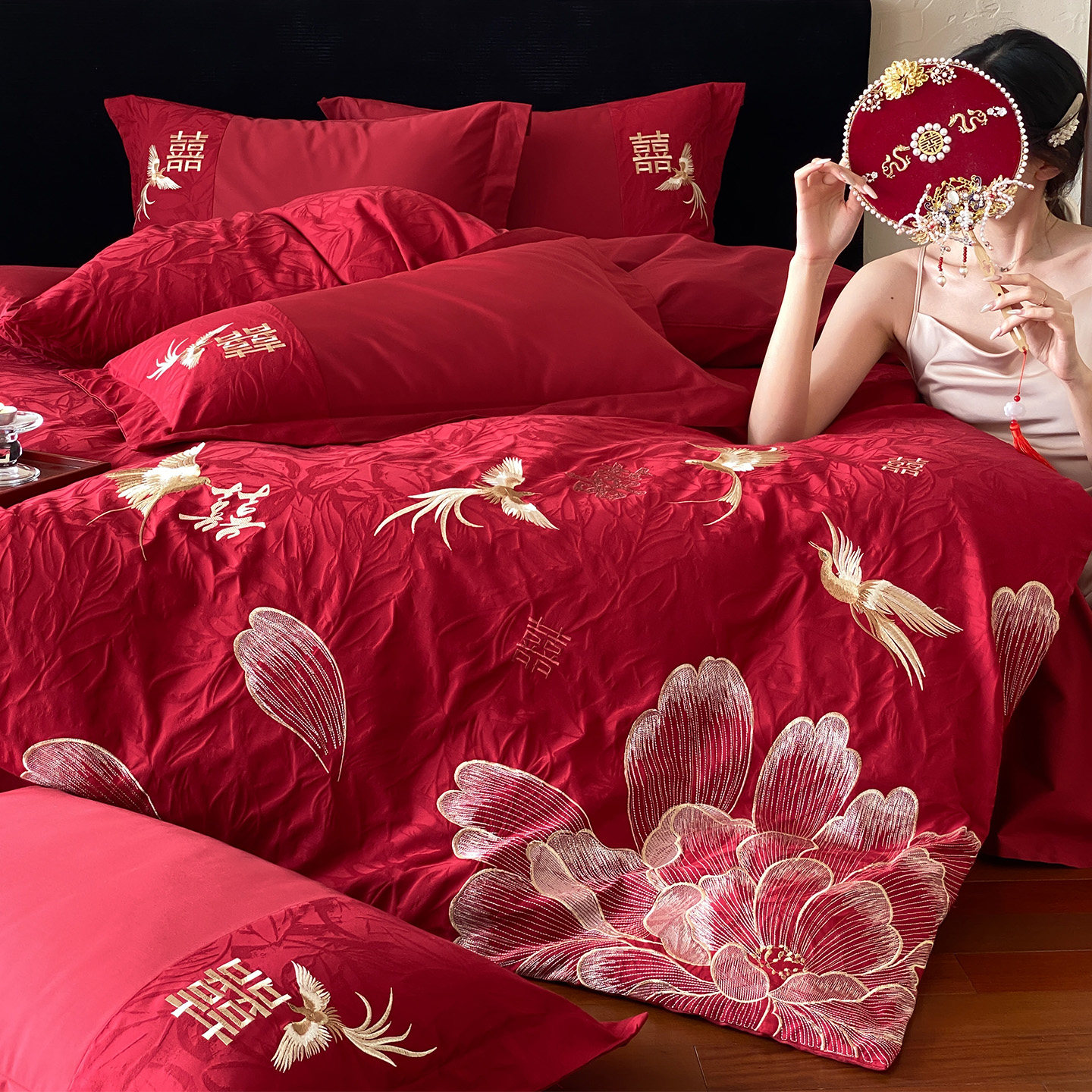 LANSWAY提花双喜鹊刺绣新婚庆四件套全棉红色结婚被套床单1.8床笠