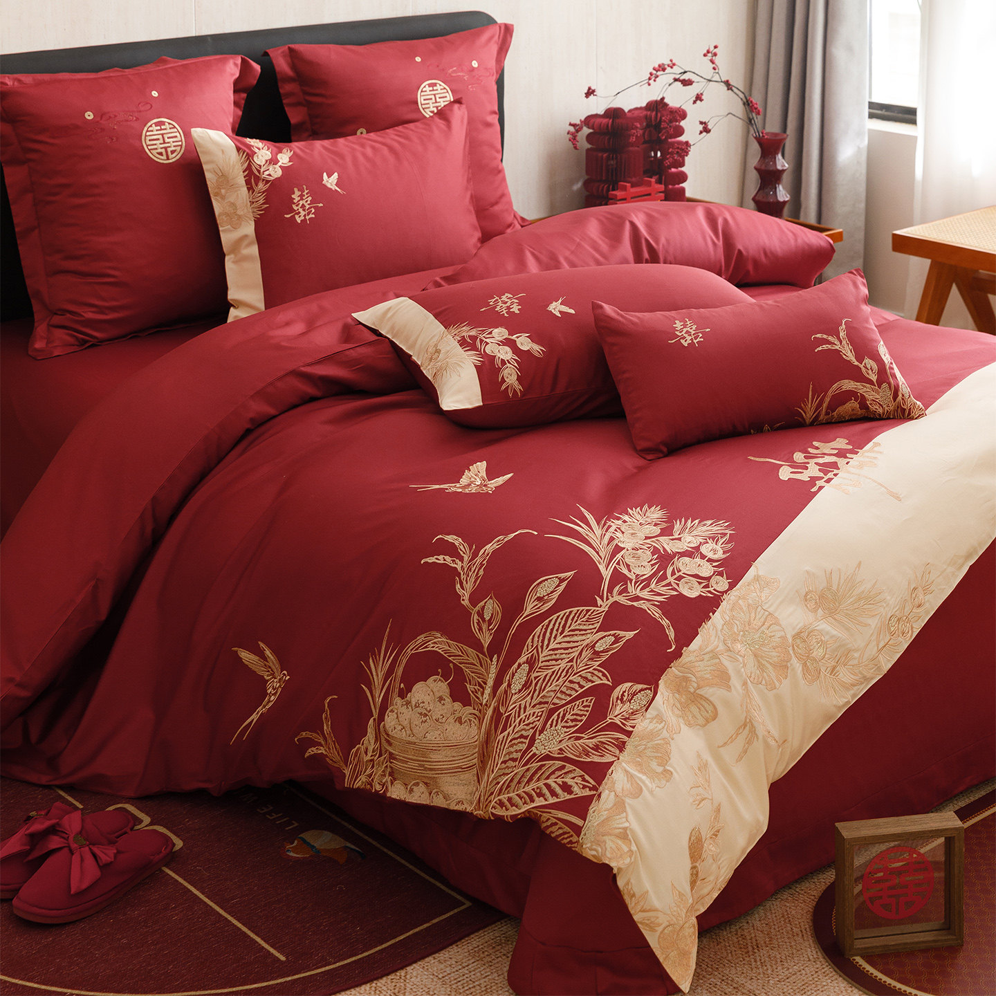 LANSWAY喜上枝头中式婚庆床品四件套全棉金色喜字刺绣结婚红被套