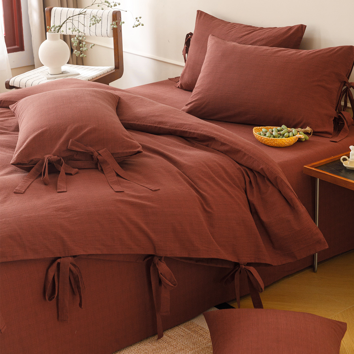 LANSWAY蝴蝶结绑带全棉四件套简约格子柔软红色结婚被套床单床品