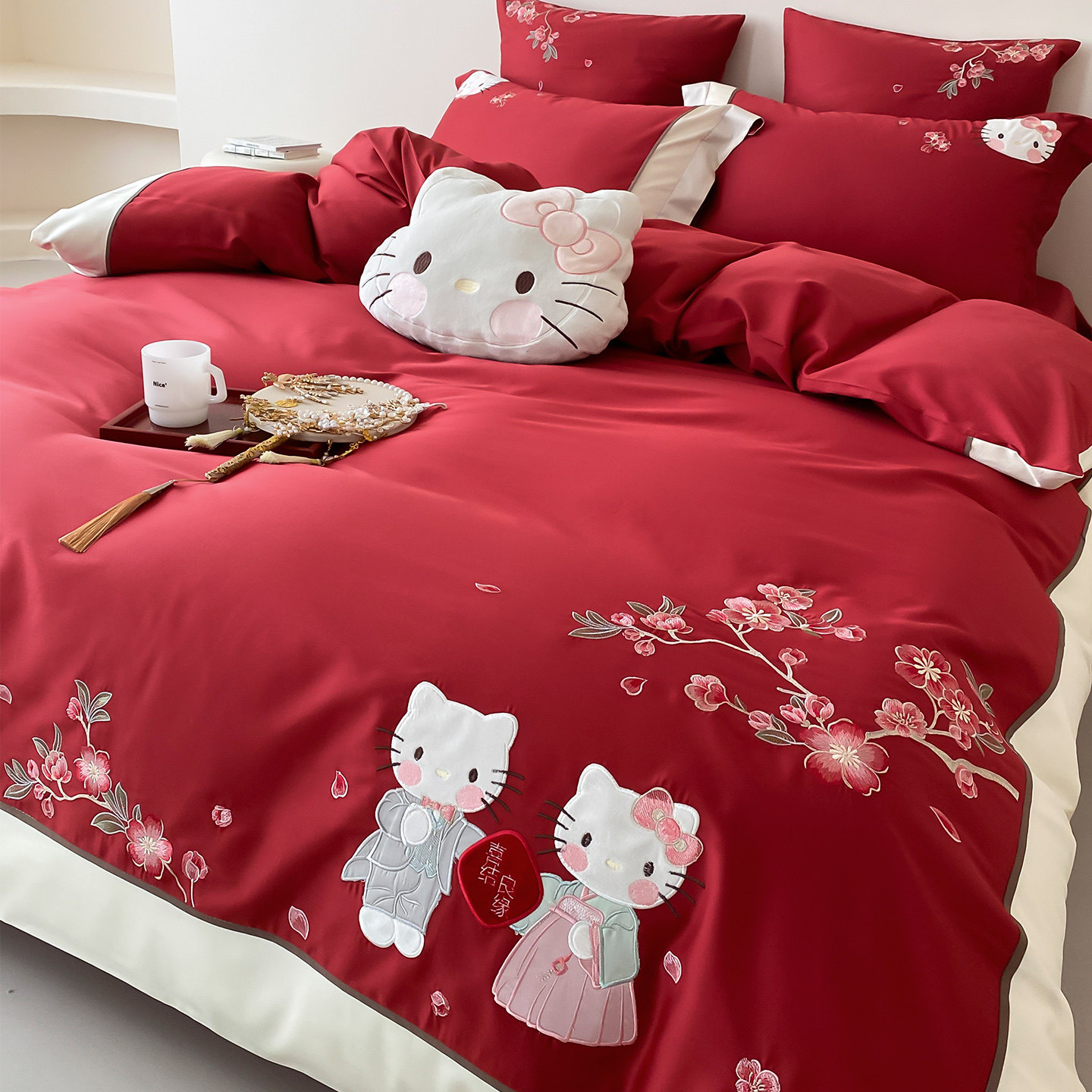 LANSWAY可爱猫咪新婚庆四件套全棉刺绣花红色结婚被套2米床单床笠