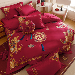 中式 龙凤重工刺绣婚庆床品四件套全棉喜庆红色结婚被套2米床单1.8