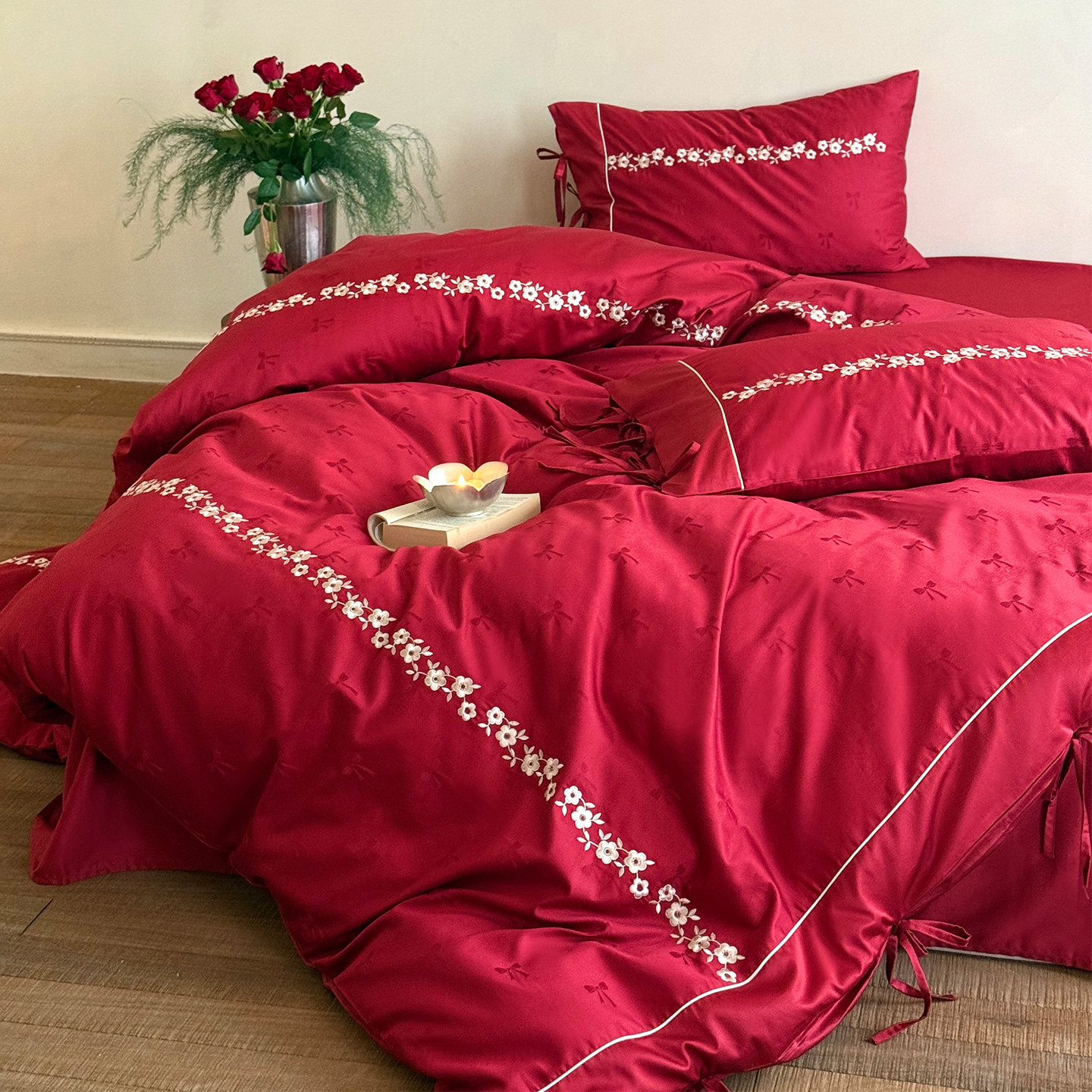 LANSWAY浪漫婚礼四件套全棉刺绣提花简约婚庆被套红色床单1.8床品,床上用品,婚庆床品套件,淘宝优惠券,粉丝福利购,淘宝优惠卷