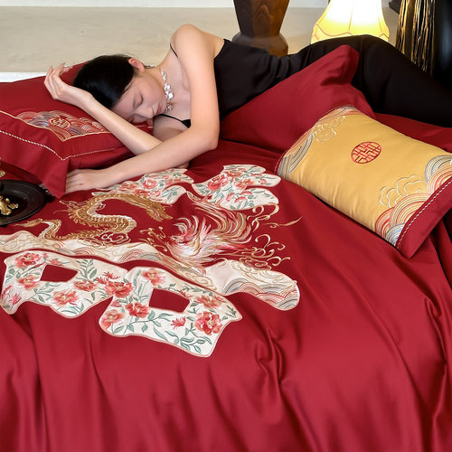 东方喜嫁婚礼四件套全棉长绒棉龙凤双喜字刺绣红色结婚庆被套床单