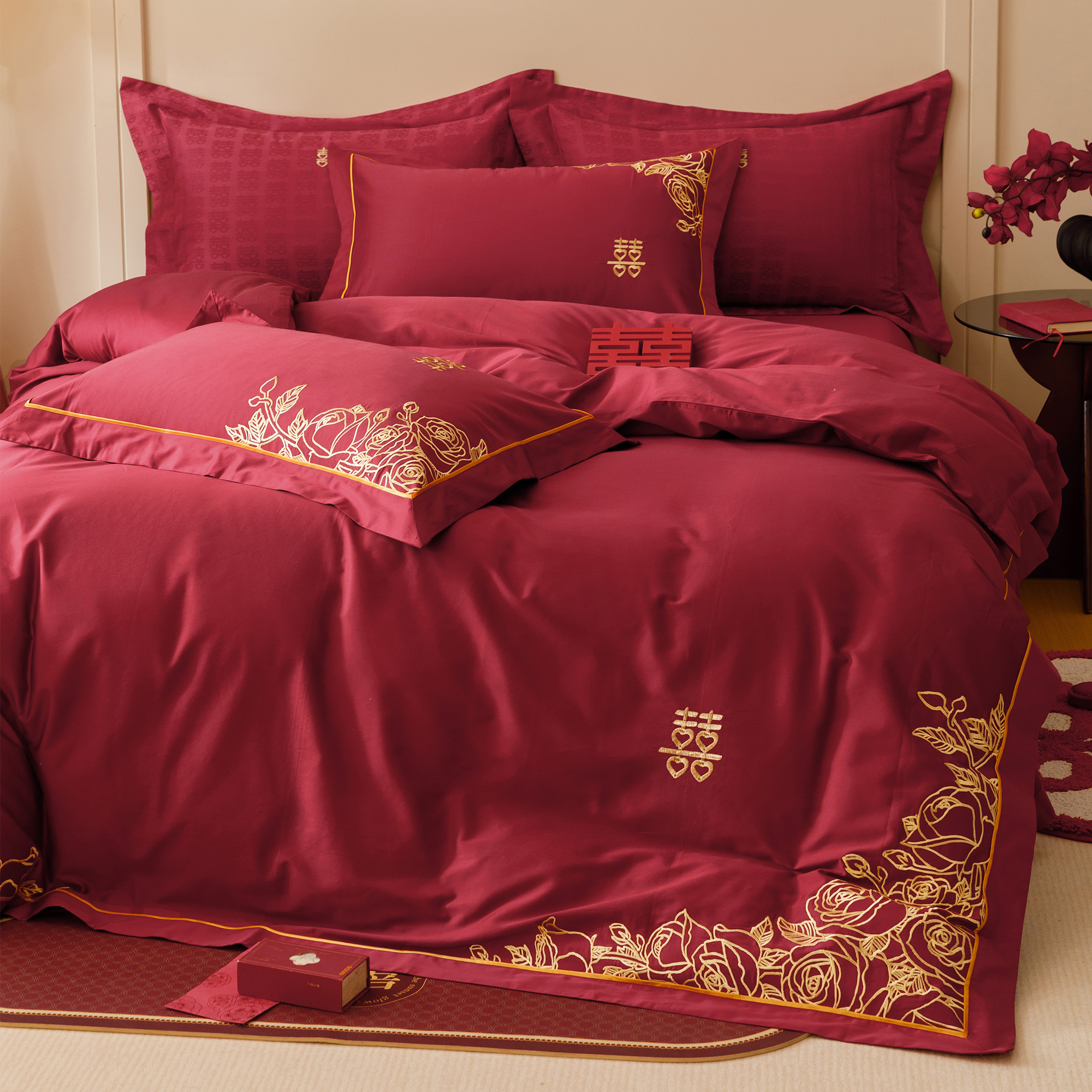 简约新中式全棉婚庆四件套长绒棉喜字刺绣红色结婚被套床单床笠
