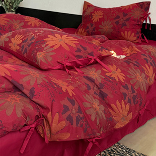 纯棉色织提花婚庆四件套三层纱红色喜庆结婚被套2米床单床上用品