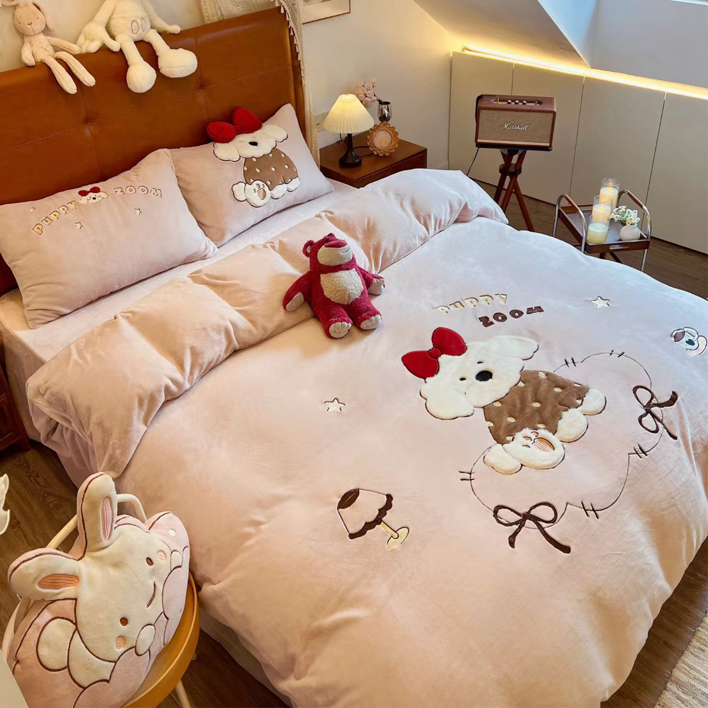 LANSWAY卡通童趣牛奶绒四件套可爱小狗绣冬天保暖学生被套三件套