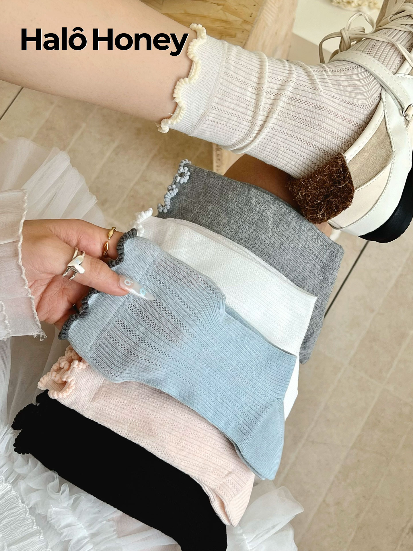 复古木耳边袜子女中筒袜ins潮纯棉夏季薄款网眼透气纯色堆堆长袜
