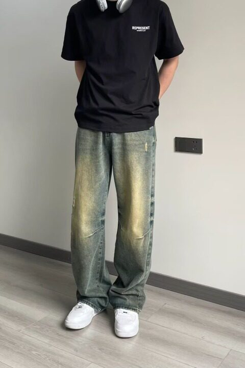 美式复古水洗黄泥牛仔裤男高街做旧宽松百搭直筒阔腿裤D806P58,男装牛仔裤,星座208-1