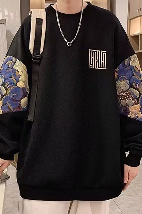 小熊拼接宽松大码圆领卫衣男款秋冬季加绒潮流复古刺绣内搭WY108,男装卫衣,星座208-1