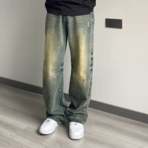 美式复古水洗黄泥牛仔裤男高街做旧宽松百搭直筒阔腿裤D806P58图片