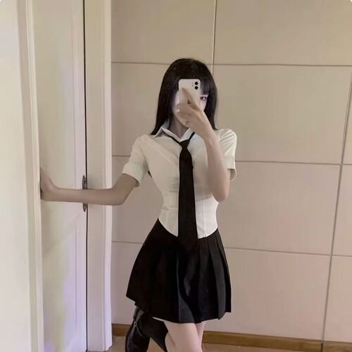 纯欲风jk制服收腰衬衫甜辣学院风原创长袖短裙套装显瘦辣妹上衣女