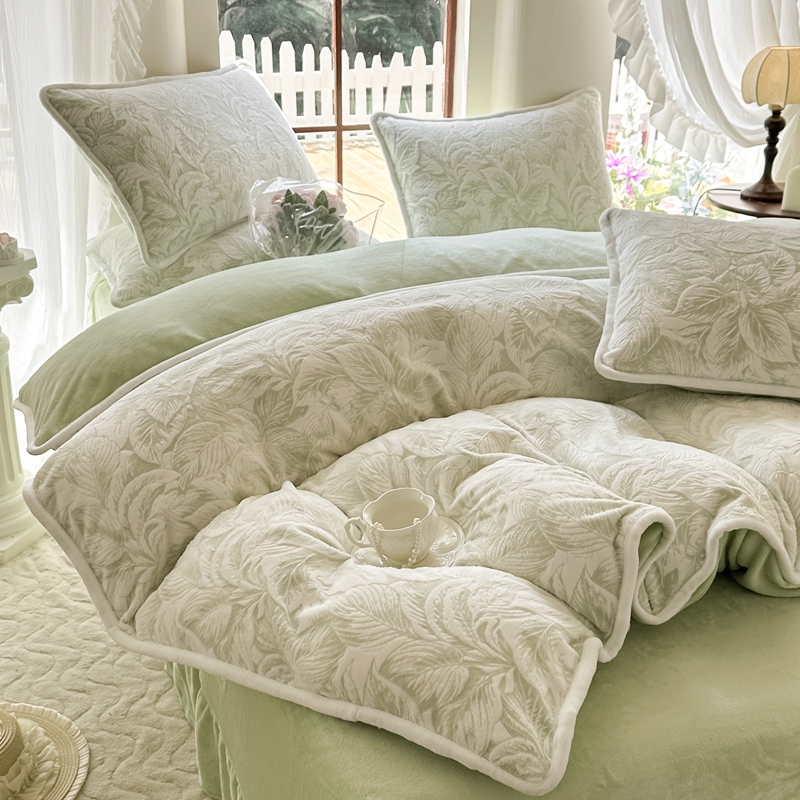 保暖法莱绒夹棉床裙四件套加厚法兰绒床罩纯色珊瑚绒防滑床笠套件