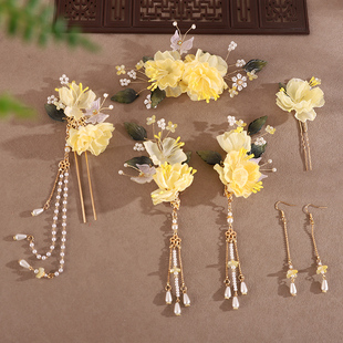 古风汉服绢纱花朵发饰套装超仙浅黄色发簪发夹全套新中式发饰配饰