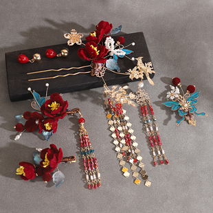 新中式秀禾发饰套装超仙红色绒花发簪发夹头饰古风敬酒服发饰配饰