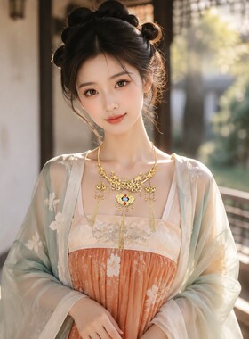 复古金锁长流苏项圈璎珞 蓝红宝镂空金饰明制汉服婚嫁大气颈饰