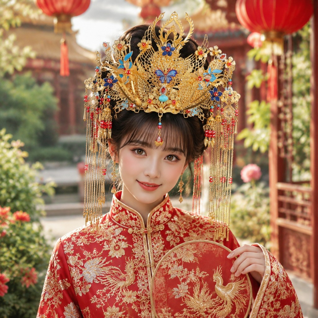 中式秀禾新娘凤冠流苏发冠套装图片