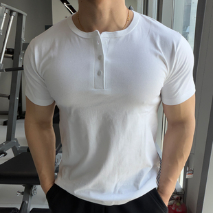 美式重磅纯棉亨利衫男健身短袖修身显肌肉运动T恤正肩打底上衣夏