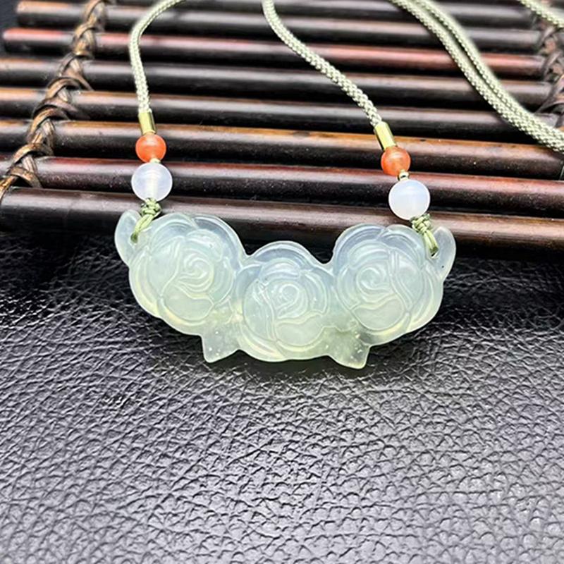 岫玉玫瑰花锁骨链吊坠挂件女款颈饰项链坠花开富贵玉佩玉坠