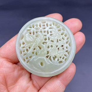 和田玉喜上眉梢香囊玉佩玉坠镂空通孔喜鹊梅花玉佩玉坠颈饰项链坠