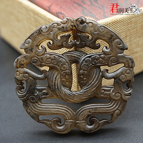 仿古做旧岫玉双龙凤古装流苏玉佩
