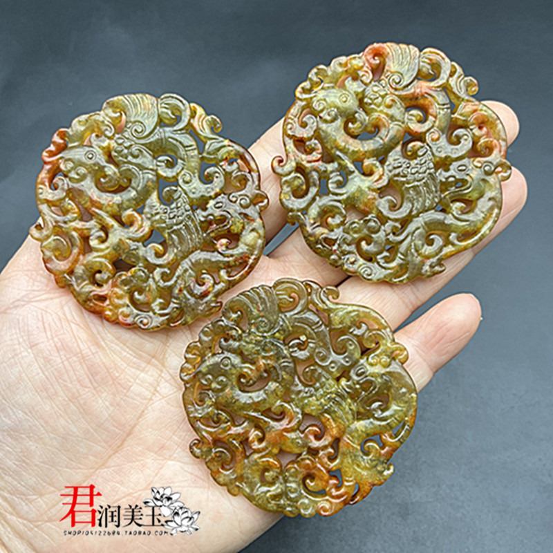 岫玉水墨镂空龙凤吊坠挂件龙凤呈祥玉石玉佩玉牌项链玉坠汉服腰佩