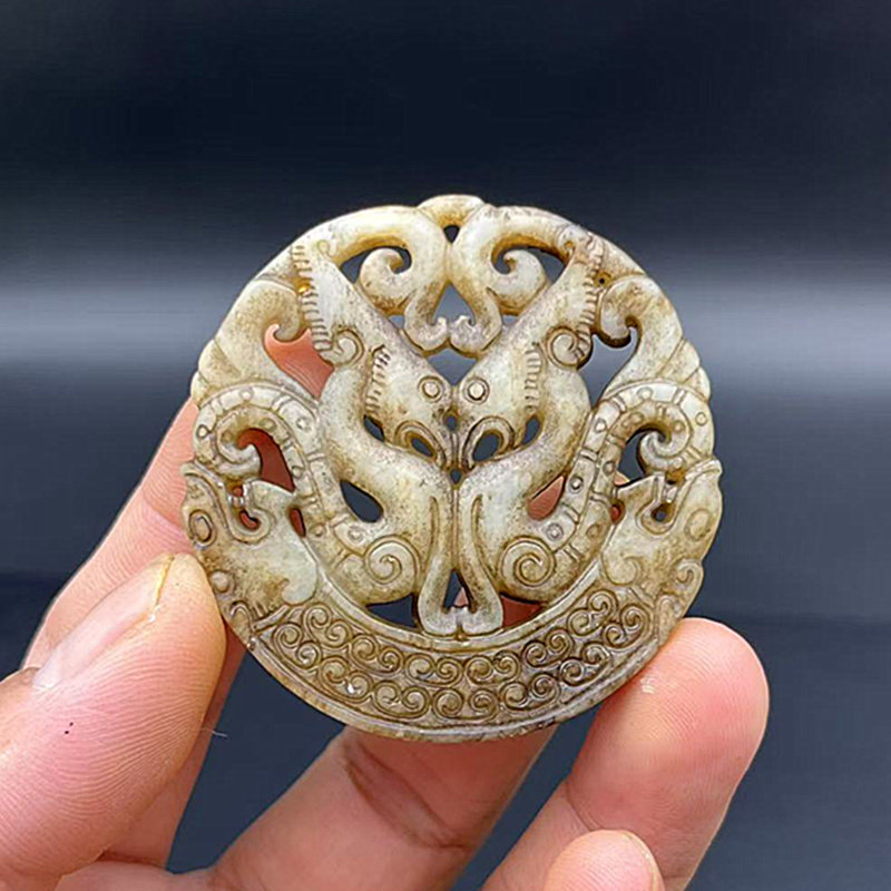 岫玉龙凤吊坠挂件仿古做旧双龙双凤玉佩玉坠颈饰项坠汉服影视腰佩