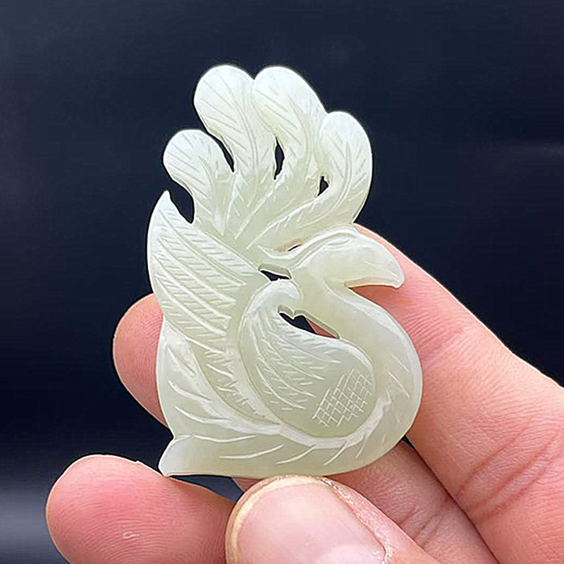 和田玉孔雀吊坠挂件青白玉花鸟玉佩玉坠颈饰古风影视挂饰汉服项坠