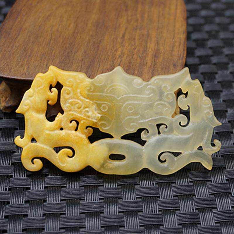 岫玉双龙吊坠挂件仿古做旧双面镂空雕刻兽面玉佩古龙玉坠腰佩流苏