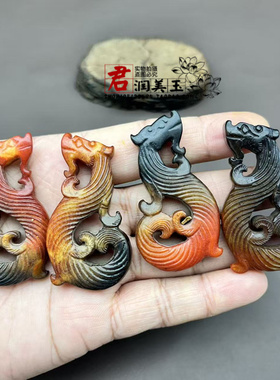 青白玉仿古龙吊坠挂件复古沁色卷尾龙颈饰项链坠汉服挂饰手工配饰