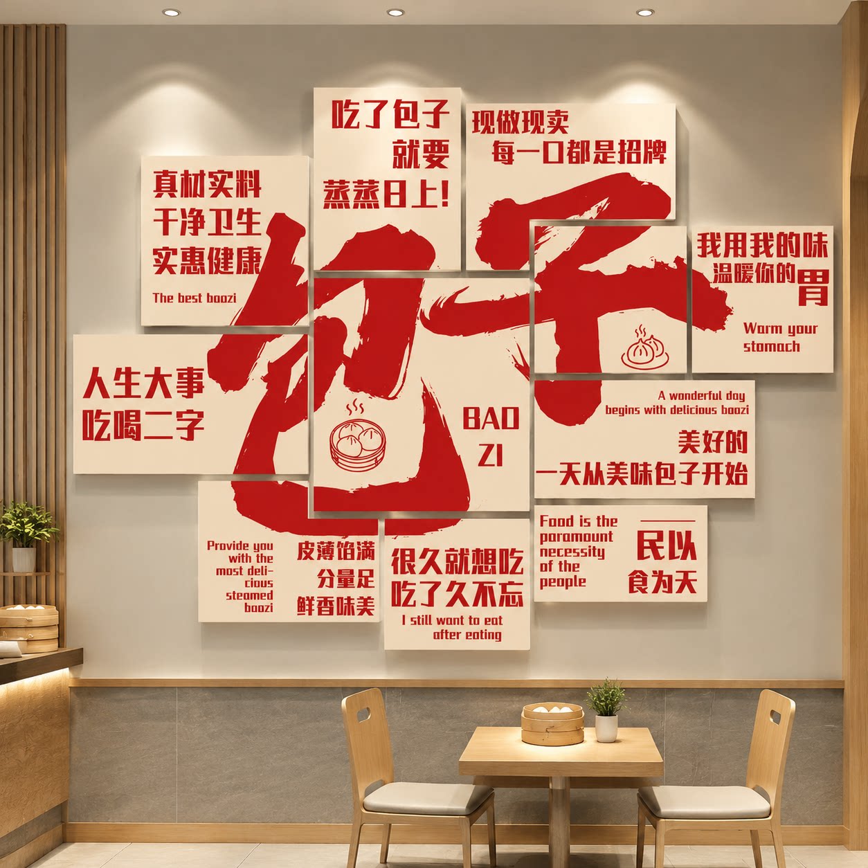 包子早餐店墙面装饰修广告牌贴纸画餐饮小吃店铺效果图创意品海报