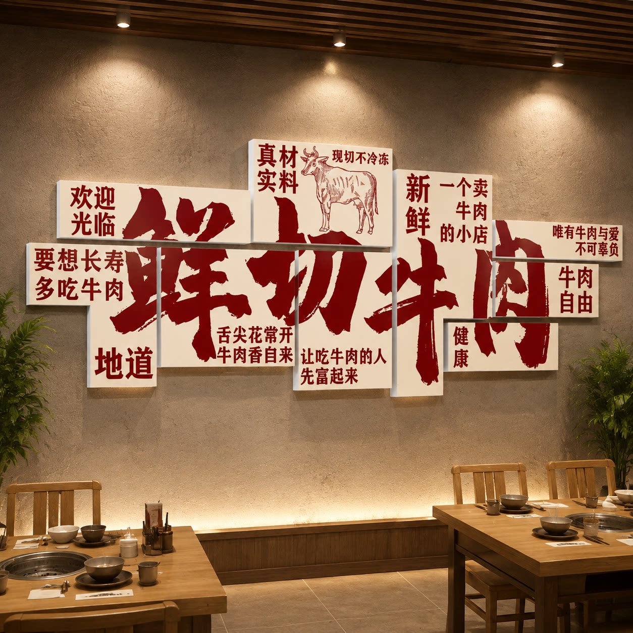 牛肉汤店墙面装饰挂画牛肉火锅餐饮店氛围布置壁画网红背景墙贴纸