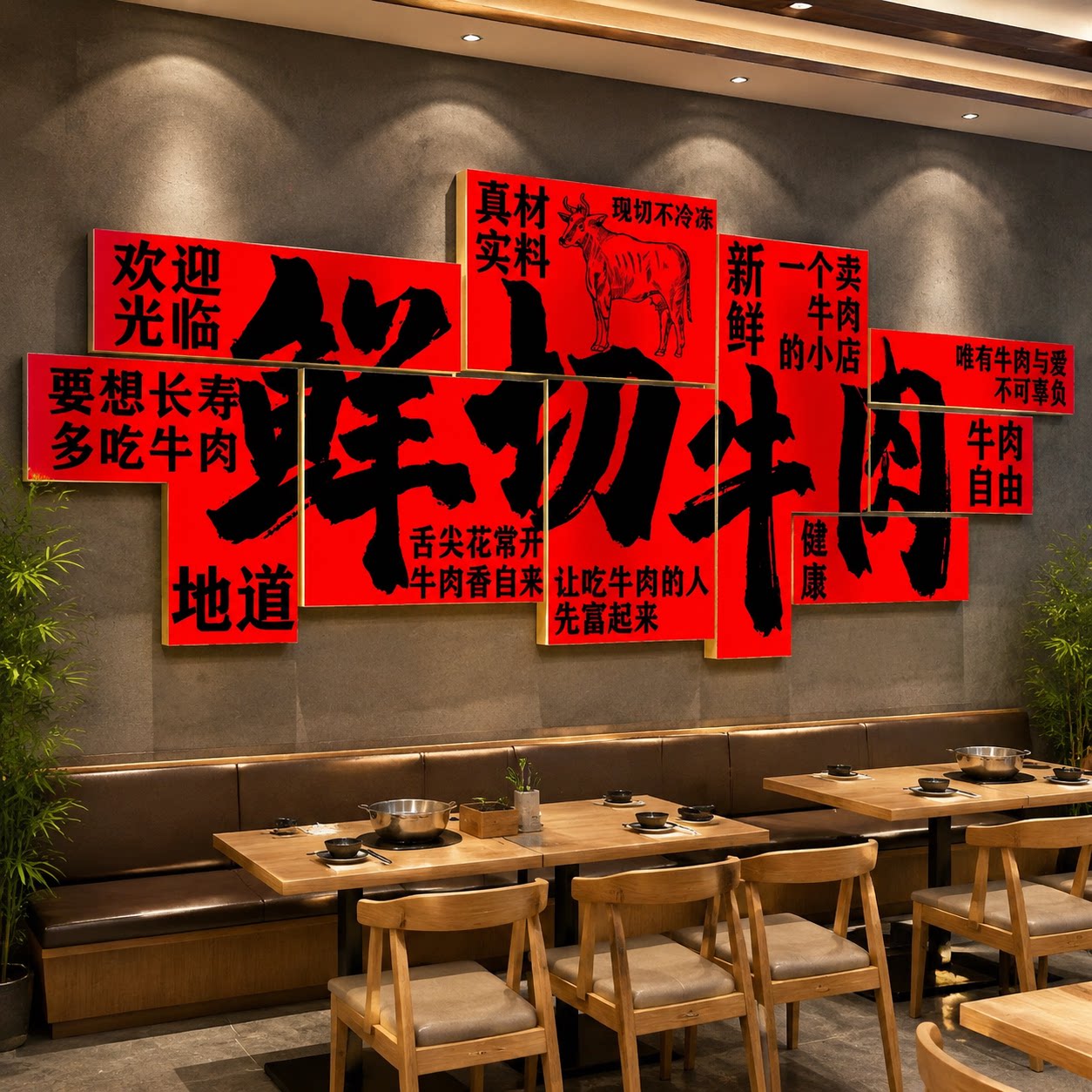 牛肉汤店墙面装饰挂画牛肉火锅餐饮店氛围布置壁画网红背景墙贴纸