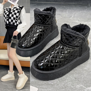 厚底雪地靴女2025秋冬新款 防滑保暖短筒靴子秋 皮面防水东北大棉鞋