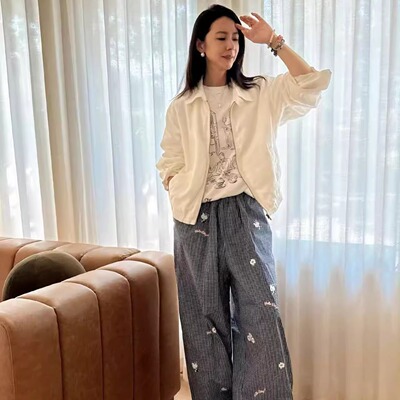 小晖诱货 新款kitty蓝色格子宽松趣味百搭纯棉长裤女