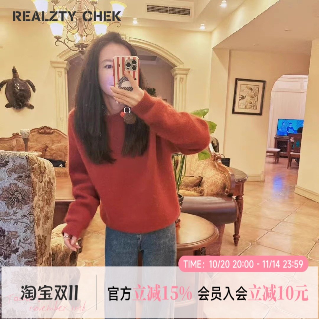 小晖诱货春季新款休闲时尚百搭圆均码领纯色毛衣酒红色女装