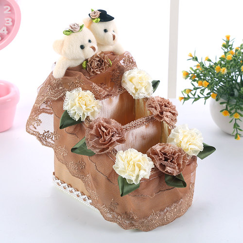 郁金香情侣熊遥控篮梯形可爱小熊桌面收纳篮布艺收纳篮整理架包邮